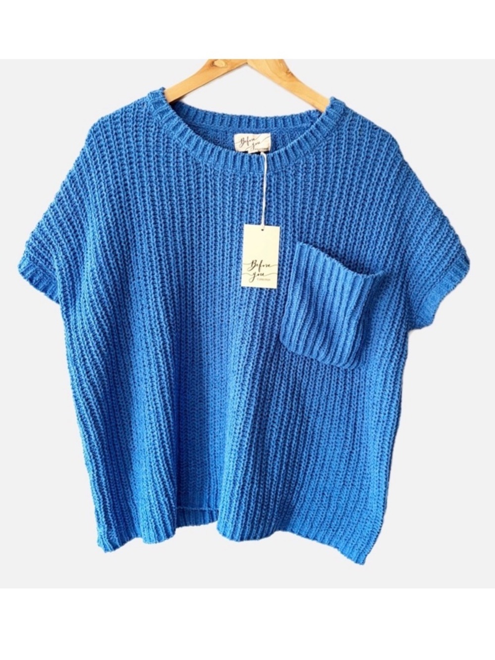 NWT BEFORE YOU Blue Knit Short Sleeve Sweater Top Chunky Pullover Relaxed Fit